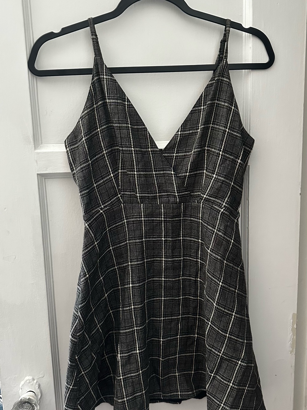 Privacy Please Black Plaid V-Neck A-Line Mini Dress with Adjustable Straps
